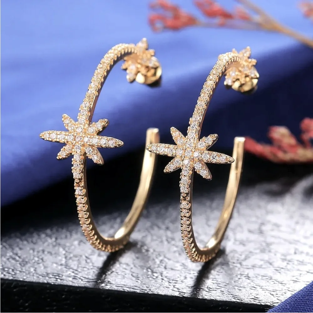 Gorgeous New 18k Yellow Gold Over Sterling Silver White Sapphire Hoops
